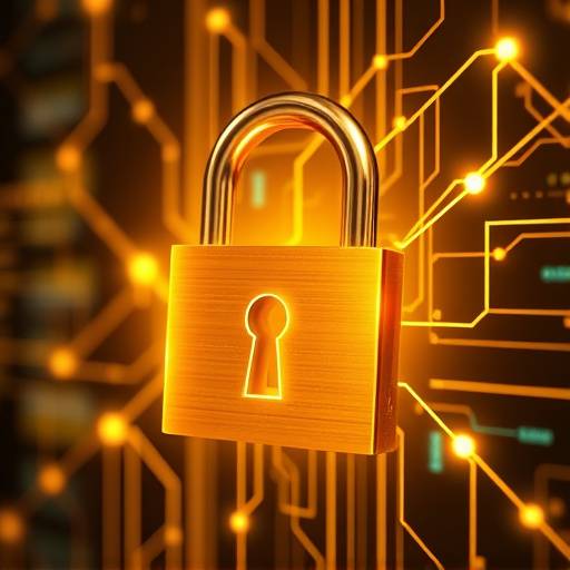 Candado dorado protegiendo una red de datos digital.