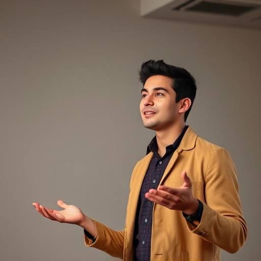 Estudiante dando un discurso con confianza durante una presentación.