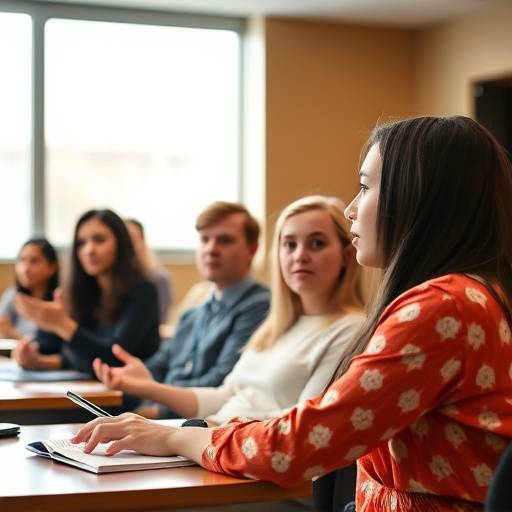 Un aula llena de estudiantes de Oratoria Lumina participando activamente en una sesión práctica de oratoria.